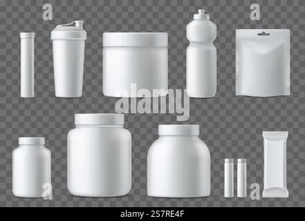 Récipients pour aliments pour sportifs. Collection réaliste de maquettes d'emballage en plastique blanc vierge. Superaliment, poudre de protéines de lactosérum, vitamines et boissons énergisantes. Compléments alimentaires pour sportifs. Jeu de modèles Vector 3D. Récipients pour aliments pour sportifs. Collection réaliste de maquettes d'emballage en plastique blanc vierge. Superaliment, poudre de protéines de lactosérum, vitamines et boissons énergisantes. Compléments pour sportifs. Ensemble de vecteurs 3D. Illustration de Vecteur