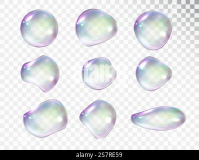 Bulles de savon arc-en-ciel avec des reflets et des reflets de différentes formes isolés sur un fond clair. Ensemble de bulles réalistes transparentes. Bulles de savon arc-en-ciel avec des reflets et des reflets de différentes formes isolés sur un fond clair. Ensemble de bulles réalistes transparentes. Illustration de Vecteur