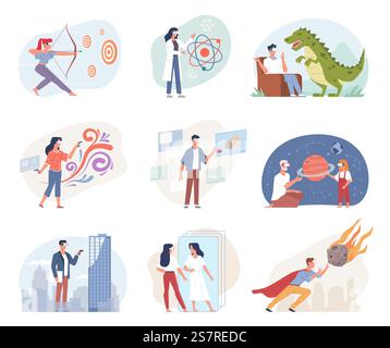 Les gens de réalité augmentée. Les hommes ou les femmes interagissent avec la technologie électronique moderne dans les domaines du divertissement, de la médecine et de la construction. Ensemble vectoriel de personnes travaillant ou jouant dans des lunettes VR d'innovation. Les gens de réalité augmentée. Les hommes ou les femmes interagissent avec la technologie électronique dans les domaines du divertissement, de la médecine et de la construction. Ensemble vectoriel de personnes travaillant et jouant dans des lunettes VR Illustration de Vecteur