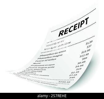 Réception réaliste. Facture papier. Liste de colisage isolée sur fond blanc. Réception réaliste. Facture papier. Liste de colisage Illustration de Vecteur