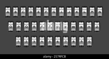 Police de verrouillage à combinaison. Code mécanique réaliste. Alphabet rotatif. Jeu de roues métalliques Bank Safe avec lettres et chiffres. Options secrètes. Kit d'éléments de rotation. L'ouverture du coffre-fort vectoriel indique une variation. Police de verrouillage à combinaison. Code mécanique réaliste. Alphabet rotatif. Jeu de roues de coffre-fort de banque avec lettres et chiffres. Options secrètes. Kit d'éléments de rotation. La voûte vectorielle signe la variation Illustration de Vecteur