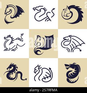 Bêtes et monstres des contes, du folklore chinois et de la culture. Dragons avec des ailes et des cornes, reptiles avec une longue queue et museau avec des cornes. Contour d'esquisse monochrome. Vecteur dans l'illustration de style plat. Dragons mascottes, reptile du folklore et des contes Illustration de Vecteur