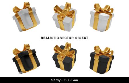 Coffrets cadeaux blanc et noir avec Ribbo or et arc isolé. Collection cadeaux réalistes, boîtes surprises. Objets de décoration de Noël.. Coffret cadeau blanc et noir avec Ribbo or et noeud ensemble isolé. Collection cadeaux réalistes, boîtes surprises. Objets de décoration de Noël. Illustration de Vecteur