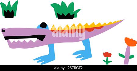 Crocodile ou alligator papier artisanal ou dessin. Enfants artisanat et œuvres d'art pour les cours scolaires. Animal avec des fleurs et des buissons. Emoji ou émoticône, autocollant ou personnage. Vecteur dans le style plat. Papier artisanal ou dessin d'alligator, œuvres d'art. Illustration de Vecteur