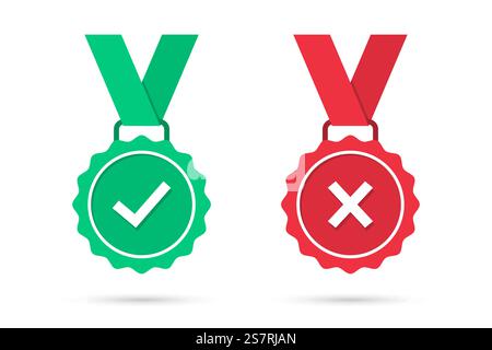 Vérifiez et croisez les icônes des médailles dans un design plat. Badge de médaille vert approuvé et rouge rejeté avec ombre. Ensemble d'icônes de médaille certifiées. Illustration vectorielle Illustration de Vecteur