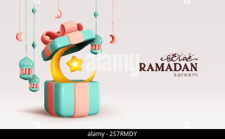 Design de vacances Ramadan Kareem. Célébrez le mois Saint du Ramadhan en Islam. Arrière-plan réaliste 3d bleu ouvrir boîtes cadeaux, croissant avec étoile et lanternes suspendues. Boîte cadeau festive. Illustration vectorielle Illustration de Vecteur