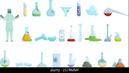 Icônes de verrerie de laboratoire cassées Set vecteur de dessin animé. Test médical scientifique. Chimie du tube du flacon. Icônes de verrerie de laboratoire cassées Set vecteur de dessin animé. Test médical scientifique Illustration de Vecteur