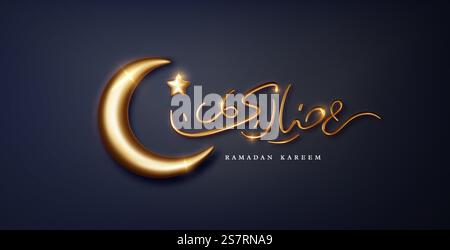 Bannière réaliste de ramadan kareem doré avec lune et calligraphie arabe traduit : heureux et Saint Ramadan kareem. Bannière réaliste de ramadan kareem doré avec lune et calligraphie arabe traduit : heureux et Saint Ramadan kareem. Illustration de Vecteur