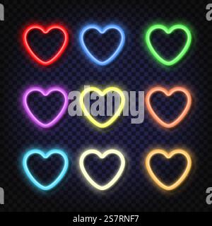 Placez des bannières néon en forme de cœur de différentes couleurs. Effet brillant et éclatant. Plaques avec une place pour les inscriptions.. Placez des bannières néon en forme de cœur de différentes couleurs. Effet brillant et éclatant. Plaques avec une place pour les inscriptions Illustration de Vecteur