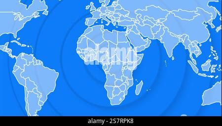 Image de carte du monde avec des frontières de pays sur fond bleu avec des cercles concentriques Banque D'Images