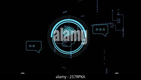 Tête humaine avec des engrenages cérébraux et des bulles de chat, image de concept d'intelligence artificielle Banque D'Images