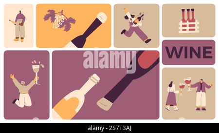 Les gens boivent du vin sur fond de boîte de grille de bento. Dégustation sur grille de mosaïque modulaire. Fête avec boissons alcoolisées. Femmes et hommes avec des verres à vin visite Illustration de Vecteur