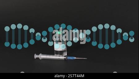 Image du brin d'adn sur le flacon et la seringue sur fond noir Banque D'Images
