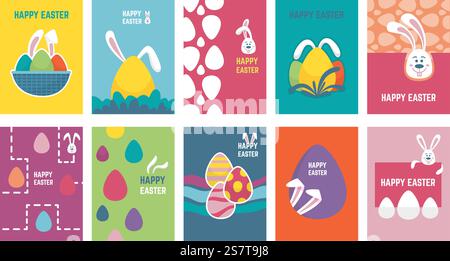 Affiches géométriques de Pâques avec des œufs. Lapin plat et oeuf, bannière abstraite minimaliste. Joyeux lapin, couvertures festives pour enfants. Conception vectorielle néotérique moderne de l'illustration de conception d'affiche de pâques. Affiches géométriques de Pâques avec des œufs. Lapin plat et oeuf, bannière abstraite minimaliste. Joyeux lapin, couvertures festives pour enfants. Conception vectorielle néotérique moderne Illustration de Vecteur