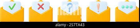 E-mail lettres 3D icône enveloppes jaunes. Messages de bureau en lettre, enveloppe plastiline avec feuille de papier. Question et exclamation, approbation et rejet des signes vectoriels. Illustration d'une lettre de courrier. E-mail lettres 3D enveloppes jaunes icônes. Messages de bureau en lettre, enveloppe plastiline avec feuille de papier. Question et exclamation, approbation et rejet des signes vectoriels Illustration de Vecteur