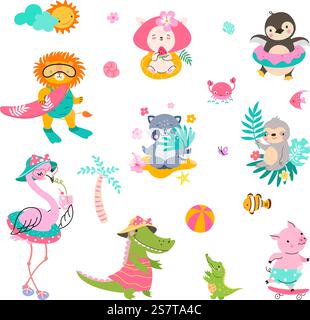 Animaux activités estivales, surfeur d'animaux et vacances sur la plage. Paresseux de lion mignon et crocodiles se reposant, jouant au ballon et mangeant des bonbons, de nos jours vecteur drôle de l'illustration d'activité de dessin animé d'été. Animaux activités estivales, surfeur d'animaux et vacances sur la plage. Paresseux de lion mignon et crocodiles se reposant, jouer au ballon et manger des bonbons, de nos jours clipart vectoriel drôle Illustration de Vecteur