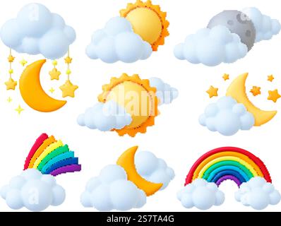 Éléments météo 3d de dessin animé. Soleil lune et étoiles, arc-en-ciel et nuages moelleux. Objets en plastique nature, design de style de rendu. Nuit matin Pithy vecteur ensemble de lune 3d et illustration d'élément solaire. Éléments météo 3d de dessin animé. Soleil lune et étoiles, arc-en-ciel et nuages moelleux. Objets en plastique nature, design de style de rendu. Ensemble de vecteurs pieux du matin de nuit Illustration de Vecteur
