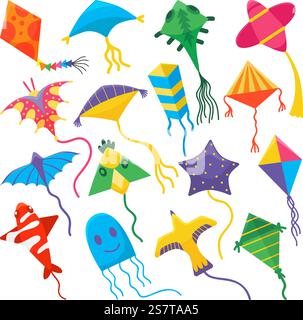 Cerf-volant de dessin animé, cerfs-volants de jouets colorés pour enfants sur des fils volants. Jouet de mouche sans vent, éléments isolés de jeu d'été d'enfance en plein air. Ensemble saisonnier de vecteur néotérique de cerf-volant jouet avec illustration de fil. Cerf-volant de dessin animé, cerfs-volants de jouets colorés pour enfants sur des fils volants. Jouet de mouche sans vent, éléments isolés de jeu d'été d'enfance en plein air. Ensemble saisonnier vecteur néotérique Illustration de Vecteur