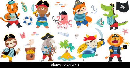 Personnages de dessins animés pirates, animal heureux en costume de pirate. Animaux mignons isolés, capitaine amusant, île et coffre avec trésor. Ensemble vectoriel de marin de Nowaday de tigre de bande dessinée et d'illustration de crocodile. Personnages de dessins animés pirates, animal heureux en costume de pirate. Animaux mignons isolés, capitaine amusant, île et coffre avec trésor. Ensemble vectoriel de marin de Nowaday Illustration de Vecteur