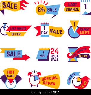 Badges de compte à rebours, étiquettes de shopping promotionnelles. Annonce ou annonce de réduction, prix spéciaux autocollants de badge de magasin modèles vectoriels néotériques de l'offre de réduction illustration de compte à rebours. Badges de compte à rebours, étiquettes de shopping promotionnelles. Annonce ou annonce de réduction, prix spéciaux autocollants de badge de magasin modèles vectoriels néotériques Illustration de Vecteur