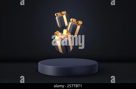 Style de Noël 3d scène de podium de produit avec boîte cadeau blanche tombante volante avec arc en or. Joyeux Noël et nouvel an conception de bannière festive, carte de voeux. rendu 3d. Illustration vectorielle. Scène de podium de produit de style de Noël 3D. Illustration de Vecteur
