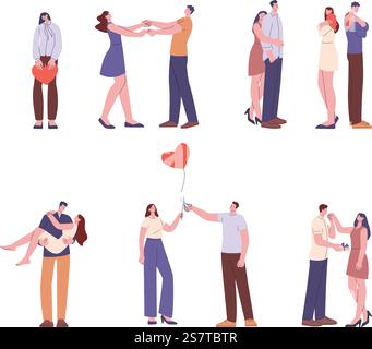 Amour et couples de séparation. Cœur brisé, fille triste et couple heureux. Différents amoureux, personnages romantiques dans le rêve de relations, ensemble vecteur kicky de couple dans l'illustration de relation amoureuse. Amour et couples de séparation. Cœur brisé, fille triste et couple heureux. Différents amoureux, personnages romantiques en rêvant de relations, ensemble vecteur kicky Illustration de Vecteur