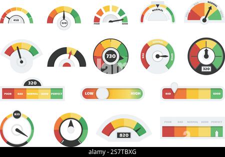 Compteurs de vitesse et indicateurs de crédit. Graphique de vitesse, feedback ou indicateur de satisfaction client. Jauges d'échelles d'humeur, éléments vectoriels décents de progression de la rétroaction de l'indicateur, illustration du compteur de niveau. Compteurs de vitesse et indicateurs de crédit. Graphique de vitesse, feedback ou indicateur de satisfaction client. Échelles d'humeur jauges, progrès décents éléments vectoriels Illustration de Vecteur