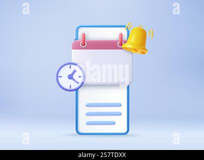 Rappel 3D dans le calendrier sur le téléphone portable. icône notifications avec éléments flottants. Alerte pour la planification d'entreprise, événements, rappel et calendrier. rendu 3d. Illustration vectorielle. Rappel 3D dans le calendrier sur le téléphone portable. Illustration de Vecteur