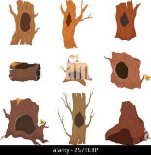 Terriers en bois, arbre avec des trous. Maisons d'animaux vides, troncs de bois et souche. Paysage forestier et éléments boisés, ensemble de dessins animés vectoriels de l'illustration de trou d'arbre. Terriers en bois, arbre avec des trous. Maisons d'animaux vides, troncs de bois et souche. Paysage forestier et éléments boisés, ensemble de dessins animés vectoriels de nos jours Illustration de Vecteur