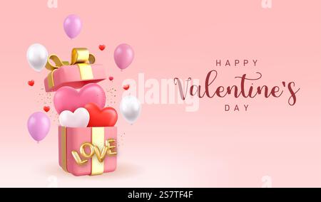 Design 3d Saint-Valentin. Ouvrez la boîte cadeau pleine d'objets décoratifs festifs. Bannière de vacances, affiche Web, flyer, brochure élégante, carte de voeux, couvercle. rendu 3d. Illustration vectorielle. Design 3d Saint-Valentin. Illustration de Vecteur