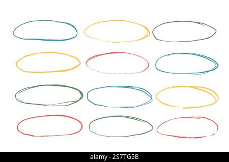 Ensemble de cadres elliptiques en crayon. Dessiné à la main, les bordures ovales Collection de formes à main levée. Soulignez le trait circulaire. Bloc de gribouillage grunge. Vecteur Illustration de Vecteur