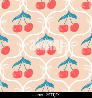 Motif sans couture dessiné au crayon de cerise. Fond de coquette sur toute la surface. Toile de fond damassée à répétition girly. Motif de motif de motif de roquette à ressorts. Main vectorielle Illustration de Vecteur