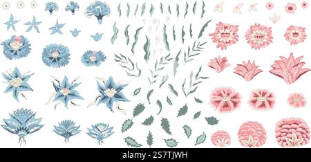 Éléments floraux. Fleurs isolées sur fond blanc. Illustration vectorielle d'art au trait dessinée à la main. Illustration de Vecteur