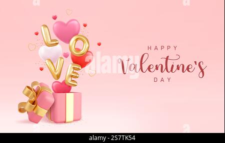 Design 3d Saint-Valentin. Ouvrez la boîte cadeau pleine d'objets décoratifs festifs. Bannière de vacances, affiche Web, flyer, brochure élégante, carte de voeux, couvercle. rendu 3d. Illustration vectorielle. Design 3d Saint-Valentin. Illustration de Vecteur