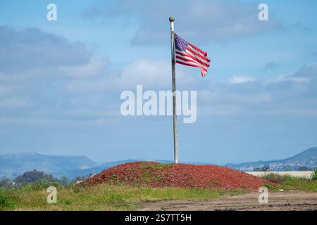 Drapeau américain en lambeaux vole sur une petite colline de copeaux de bois rouge Banque D'Images