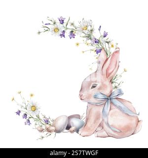 Carte de Pâques joyeuses avec des lapins mignons à l'aquarelle ou un lapin avec un arc bleu clair, des œufs de peinture, du saule et une couronne de papillon, de cloche bleue, de camomille. Pâques Banque D'Images