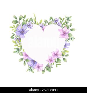 Fleurs roses bleues avec cadre de feuilles en forme de coeur illustration. Fleurs sauvages printanières, feuillage vert eucalyptus composition Saint-Valentin Banque D'Images