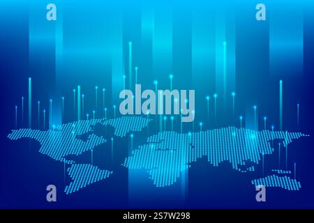 Carte du monde lumineuse formée par des points lumineux et des lignes verticales. Ère numérique de réseaux mondiaux, flux de données Banque D'Images