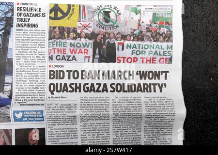 "Offre d'interdiction de la marche "ne brisera pas la solidarité de Gaza" titre du journal du Morning Star article du rallye de Whitehall 18 janvier 2025 Londres Angleterre Royaume-Uni Banque D'Images