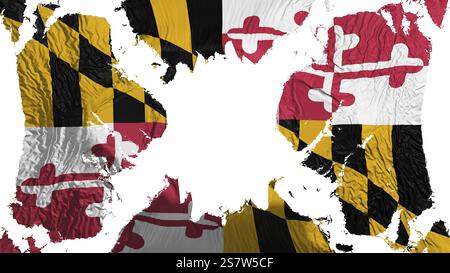 Drapeau déchiré de l'état du Maryland flottant dans le vent, sur fond blanc, rendu 3D. Banque D'Images