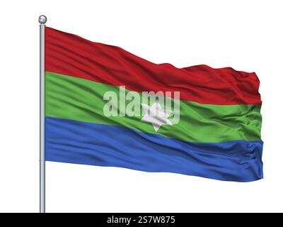 Drapeau de la ville de Maicao sur mât, pays Colombie, isolé sur fond blanc, rendu 3D. Banque D'Images