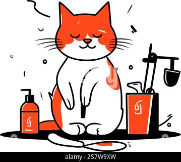 Illustration vectorielle d'un chat rouge assis sur le sol et lavant la vaisselle. Illustration de Vecteur