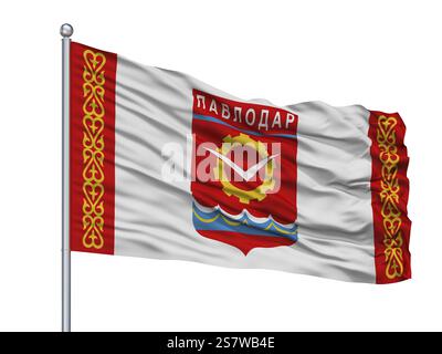 La ville de Pavlodar drapeau sur mât, Pays Kazakhstan, isolé sur fond blanc Banque D'Images