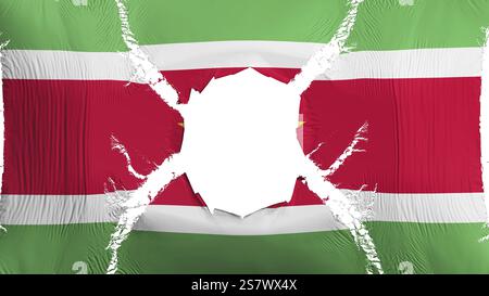 Suriname drapeau avec un trou, fond blanc, 3D Rendering Banque D'Images