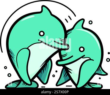 Deux dauphins amoureux. Illustration vectorielle dans le style doodle. Illustration de Vecteur