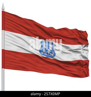 Asunction Ville drapeau sur mât, capitale du Paraguay, volant dans le vent, isolé sur fond blanc Banque D'Images