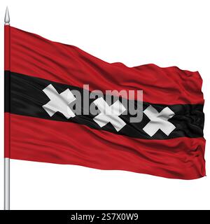 Amsterdam City drapeau sur mât, capitale des Pays-Bas, volant dans le vent, isolé sur fond blanc Banque D'Images
