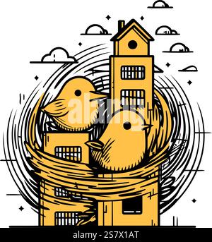 Mignons petits poussins dans un nid. Illustration vectorielle dans le style de bande dessinée. Illustration de Vecteur