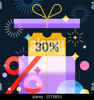 Boîte cadeau ouverte avec coupon de réduction. Modèle de conception de carte de vœux pour affiche de bannière de promotion de solde. Illustration plate colorée géométrique vectorielle Illustration de Vecteur