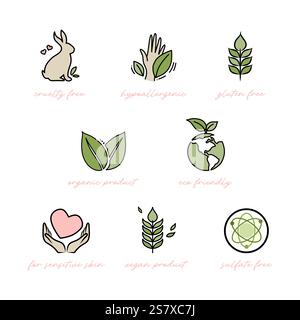 Ensemble vectoriel d'éléments de conception, modèle de conception de logo, icônes et badges pour les cosmétiques naturels et organiques dans un style linéaire à la mode - cruauté libre, pas tes Illustration de Vecteur